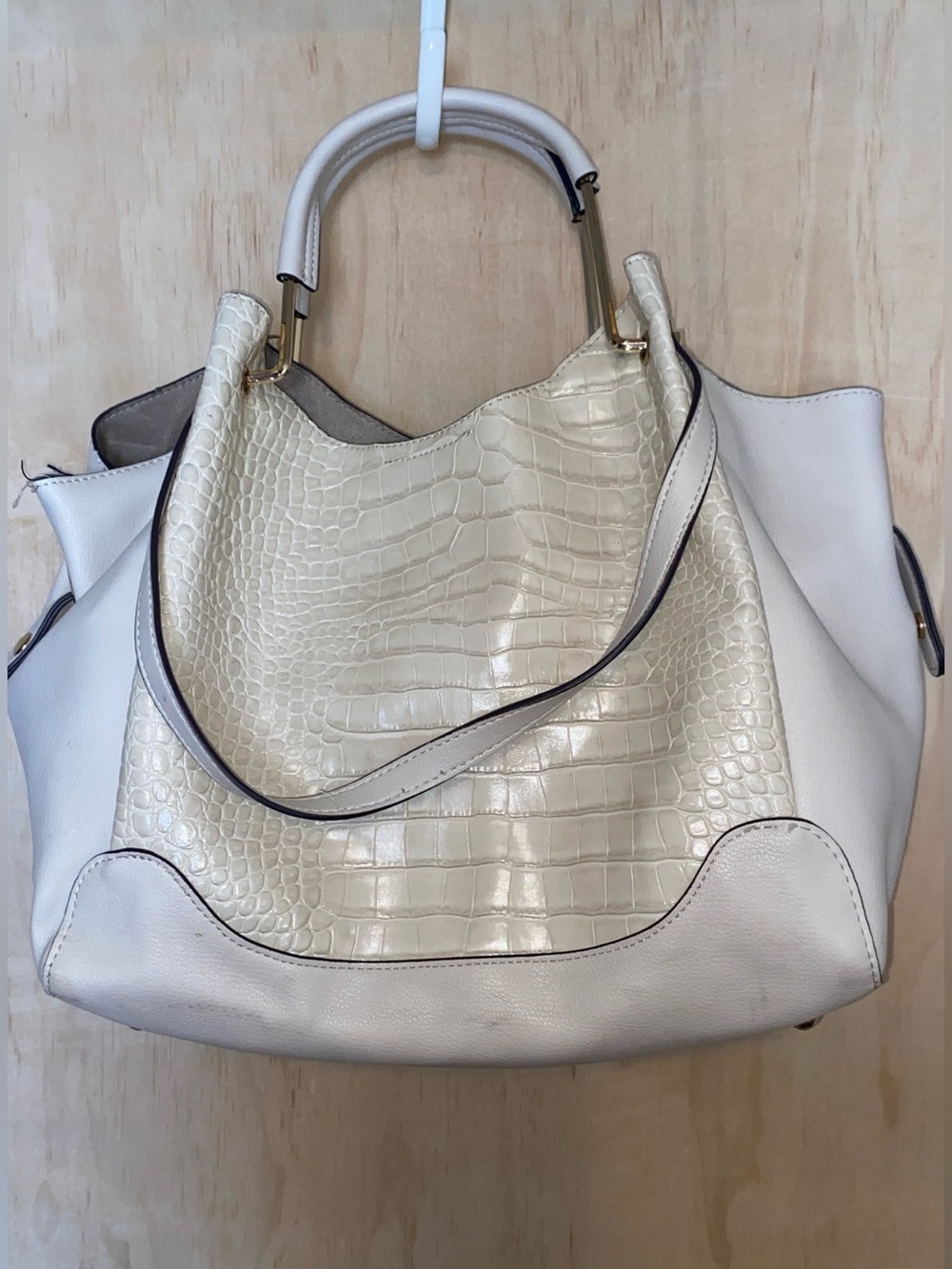 Sondra Roberts Cream Croc-Embossed Tote with Top Handles